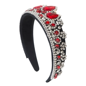 Cerchietto barocco di lusso con cristalli rossi a goccia e strass bianchi brillanti
