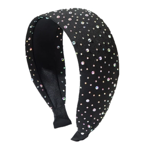 Sparkling wide headband with multicolored crystals on a comfortable black fabric base