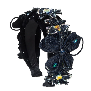 Baroque velvet headband with blue crystal butterflies and colorful rhinestones