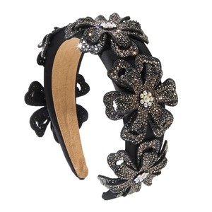 Retro black velvet padded headband featuring five exquisite crystal encrusted floral motifs