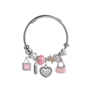 Bracelet à perles argenté avec charmes de cœur rose, carrosse et pendentif sac
