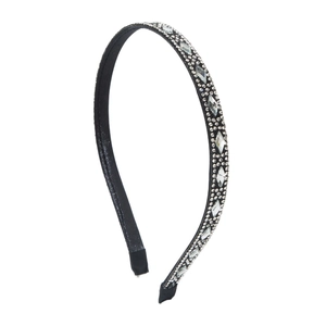 Elegant thin headband with sparkling rhinestones and pearls on black fabric base