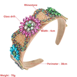 Detailed view of luxury baroque headband featuring 4cm width and colorful crystal flowers