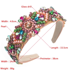 Detailed view of handmade baroque headband with colorful glass crystals and pearls