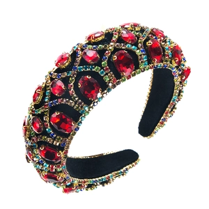 Luxury baroque padded headband with red oval rhinestones and multicolor crystals