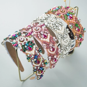 Artificial Baroque Pearl Crystal Headband Wide Padded Hair Band Vintage Rhinestone Hair Accessories For Women Wedding Party Jewelry