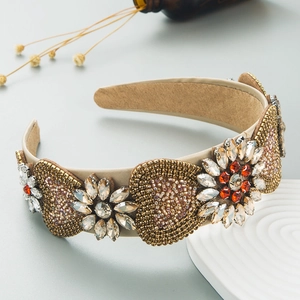 Baroque wide headband with sparkling crystal beads and sunflower heart embroidery