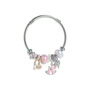 Silver beaded bracelet with pink flower charms and a small rocking horse pendant