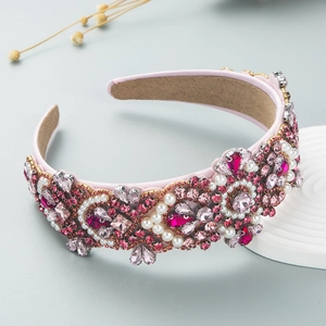 Baroque style wide headband with pink crystals and pearls on elegant satin fabric