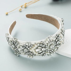 Elegant baroque headband featuring crystal rhinestones and white pearls on white wide band