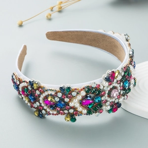 Wide baroque headband with colorful crystals and pearls on white satin fabric base