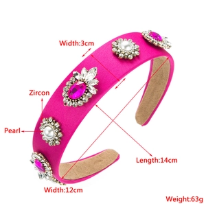 Detail view of pink baroque headband with pearl zircon clusters and precise dimensions