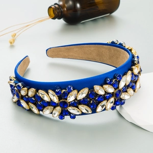 Serre-tête large bleu foncé orné de fleurs en cristal étincelantes pour femmes