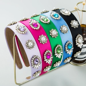 Luxury Baroque Wide Headband For Women Vintage Satin Padded Hair Band With Faux Artificial Pearls And Rhinestones Party Hair Accessories