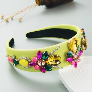 Baroque style wide headband with sparkling crystal floral patterns on yellow satin fabric