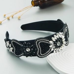 Baroque black velvet headband featuring intricate floral crystal beads and rhinestones