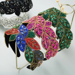 Baroque Vintage Wide Leaf Rhinestone Beaded Headband Luxurious Handmade Hair Hoop For Women Party Wedding Hair Accessories