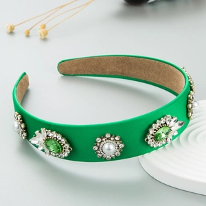 Vintage Baroque wide headband with emerald crystals and faux pearls on green satin