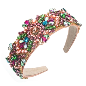 Baroque crystal and pearl headband featuring colorful rhinestones on wide pink band