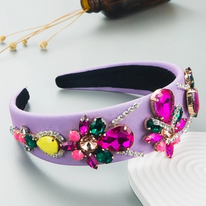 Baroque lavender headband with sparkling colorful rhinestones and crystal flower pattern