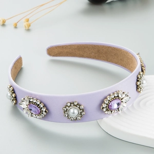 Vintage Baroque wide headband in purple silk with crystals and faux pearl floral detail