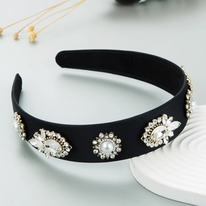 Baroque black satin wide headband with elegant faux pearls and sparkling floral rhinestones