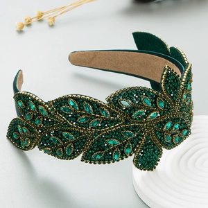Baroque wide green velvet headband featuring handcrafted leaf rhinestone and bead detailing