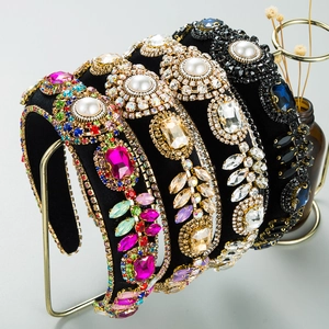 Vintage Barokke Strass Hoofdband Gewatteerd Fluweel Haarband Dikke Spons Haarring Luxe Bloem Kunstparel Voor Vrouwen Sieraden