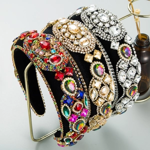 Cerchietto Imbottito Vintage Barocco Donna Lusso Artigianale Strass di Vetro Fascia per Capelli Velluto Tesa Larga Accessori