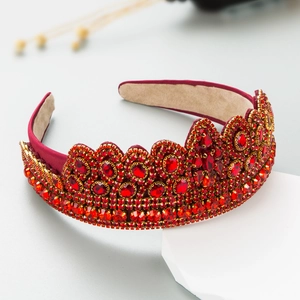Baroque style red velvet headband with glittering crystals in gold settings