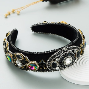 Cerchietto barocco con strass in vetro colorato e base spessa in velluto