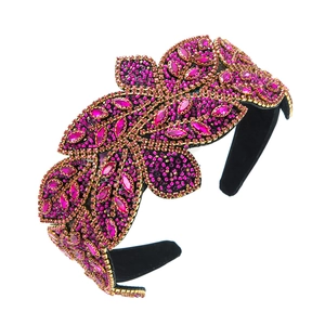 Baroque wide headband with magenta rhinestones and beads on black velvet base
