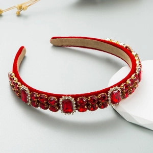 Luxury Baroque red velvet headband with sparkling red crystals and gold-tone metal settings