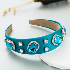 Baroque wide headband in peacock blue satin with large blue crystals and rhinestones