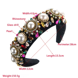 Detail of luxury baroque velvet headband with rows of faux pearls and crystals