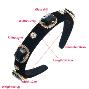 Detailed size specifications of black velvet headband with glass diamonds and rhinestones