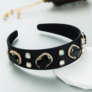 Baroque retro wide headband with black gemstones and crystals on a padded satin base