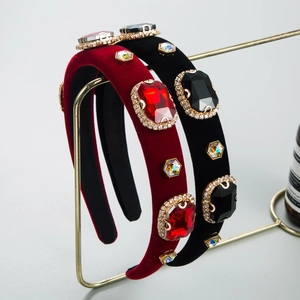 Vintage French Velvet Padded Headband For Women Baroque Rhinestone Gemstone Hairband Elegant Luxury Party Hair Accessories