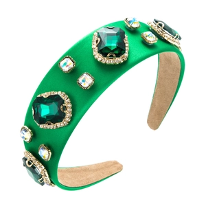 Baroque emerald green velvet headband with large crystal gemstones and white diamonds