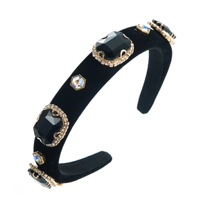 Baroque black velvet headband with vintage crystals and gold rhinestone embellishments