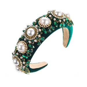 Baroque velvet headband with emerald green crystals and pearls on high-profile padding