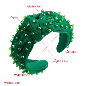 Detailed size chart for green knotted crystal headband with precise fabric measurements