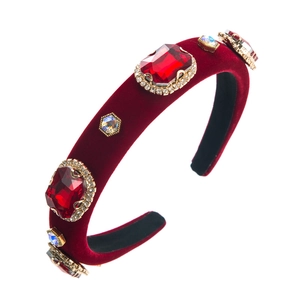 Vintage red velvet headband with rhinestones and emerald-cut red gemstones