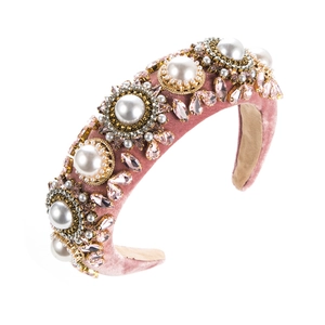 Luxury Baroque pink velvet headband with oversized white pearls and pink crystals