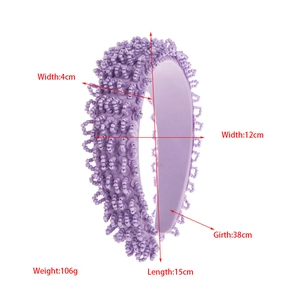 Detailed dimensions of the purple beaded headband with width, length and weight specs