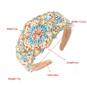 Detailed view of handmade baroque headband showing dimensions and blue crystal floral beads