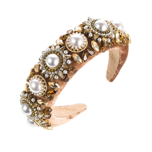 Baroque padded headband with champagne velvet, large pearls, and gold crystals