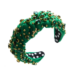Green baroque velvet headband with emerald crystals, black beads and gold studs