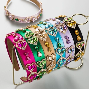 Vintage Baroque Rhinestone Heart Headband For Women Satin Wide Padded Hair Band Elegant Fashion Hair Accessories For Party