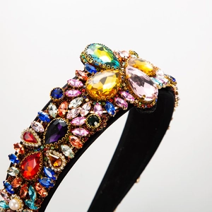 Luxury Baroque headband with colorful rhinestones and pearls on black velvet base